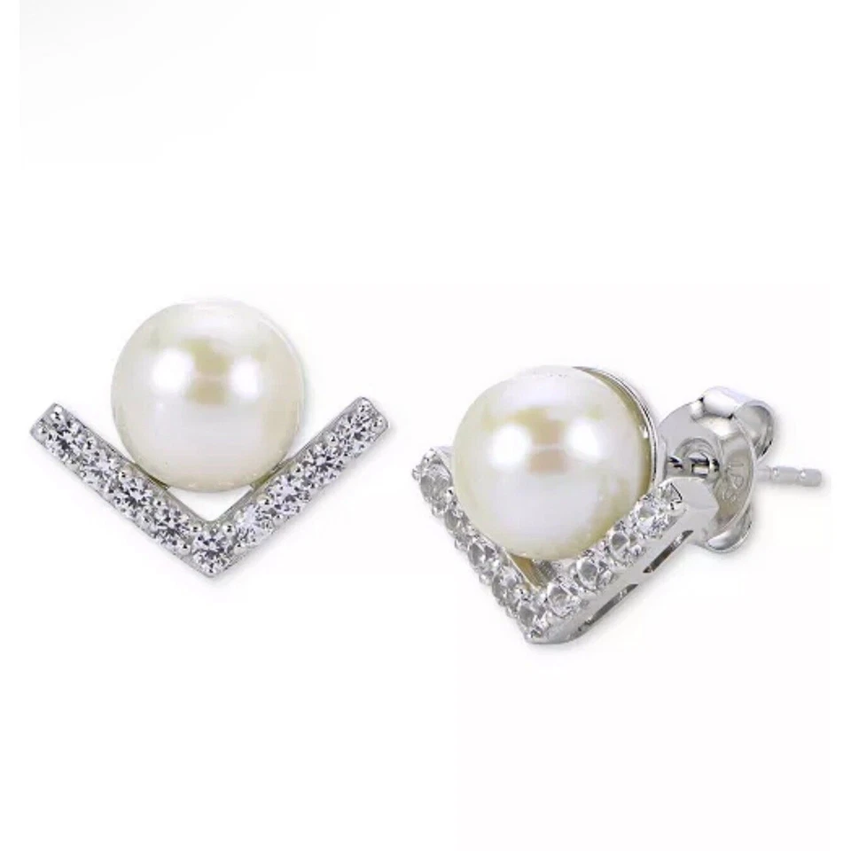 Pendientes de plata esterlina con zafiro de laboratorio de perlas (7 mm) impresionantes tachuelas elegantes de lujo NUEVO Foto 2 de 4