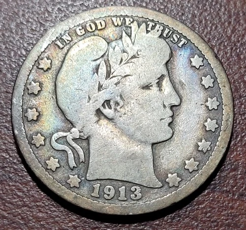 1913 Barber Quarter Very Good Original Toning & Problem Free Better Date 25c