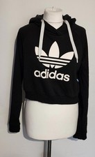 Adidas Hoodie Womens UK 10 Black Crop Cotton Blend Trefoil Sweatshirt Jumper