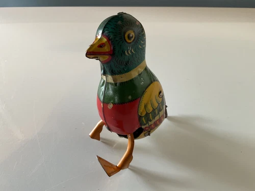 Vintage 1940s J Chein Wind Up Walking Tin Toy Bird! Works & Looks Great!