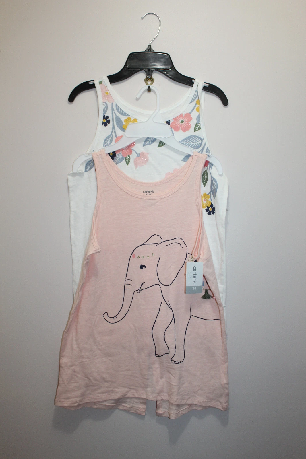 CARTER'S KID GIRLS TANK TOP SET OF 2 100% COTTON ELEPHANT FLORAL PINK SIZE 14