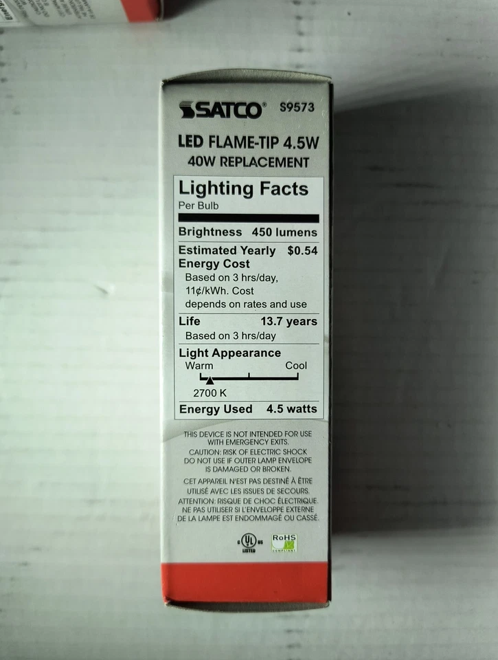 Satco LED Filament Chandelier Flame Tip 40W = 4.5W S9573 Medium Base Dimmable-2 - Image 3 of 4