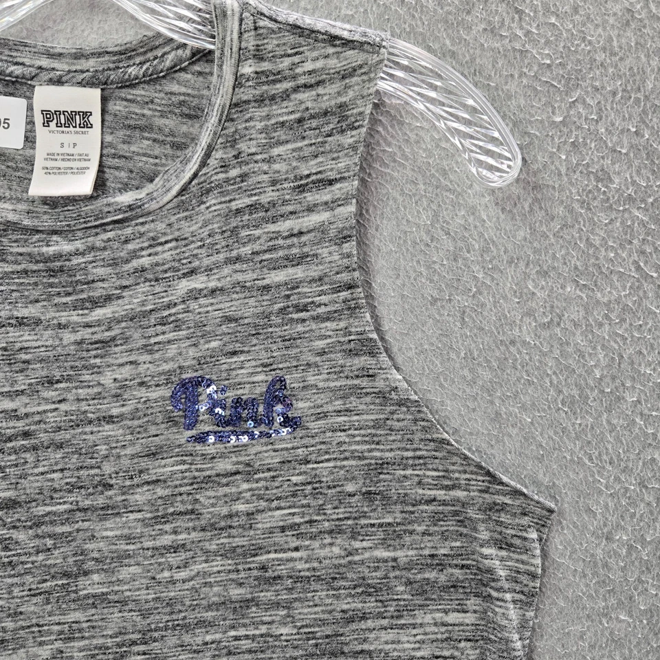 Camiseta sin mangas ROSA Victoria's Secret para mujer pequeña gris lentejuelas parpadeo logotipo ombre Foto 3 de 4