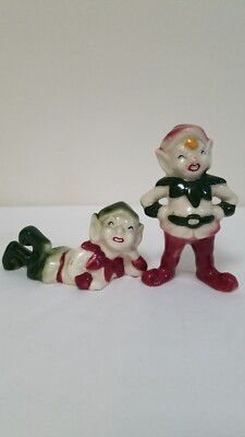 Vintage McCoy Elf Pixie Figurines Ceramic Red And Green