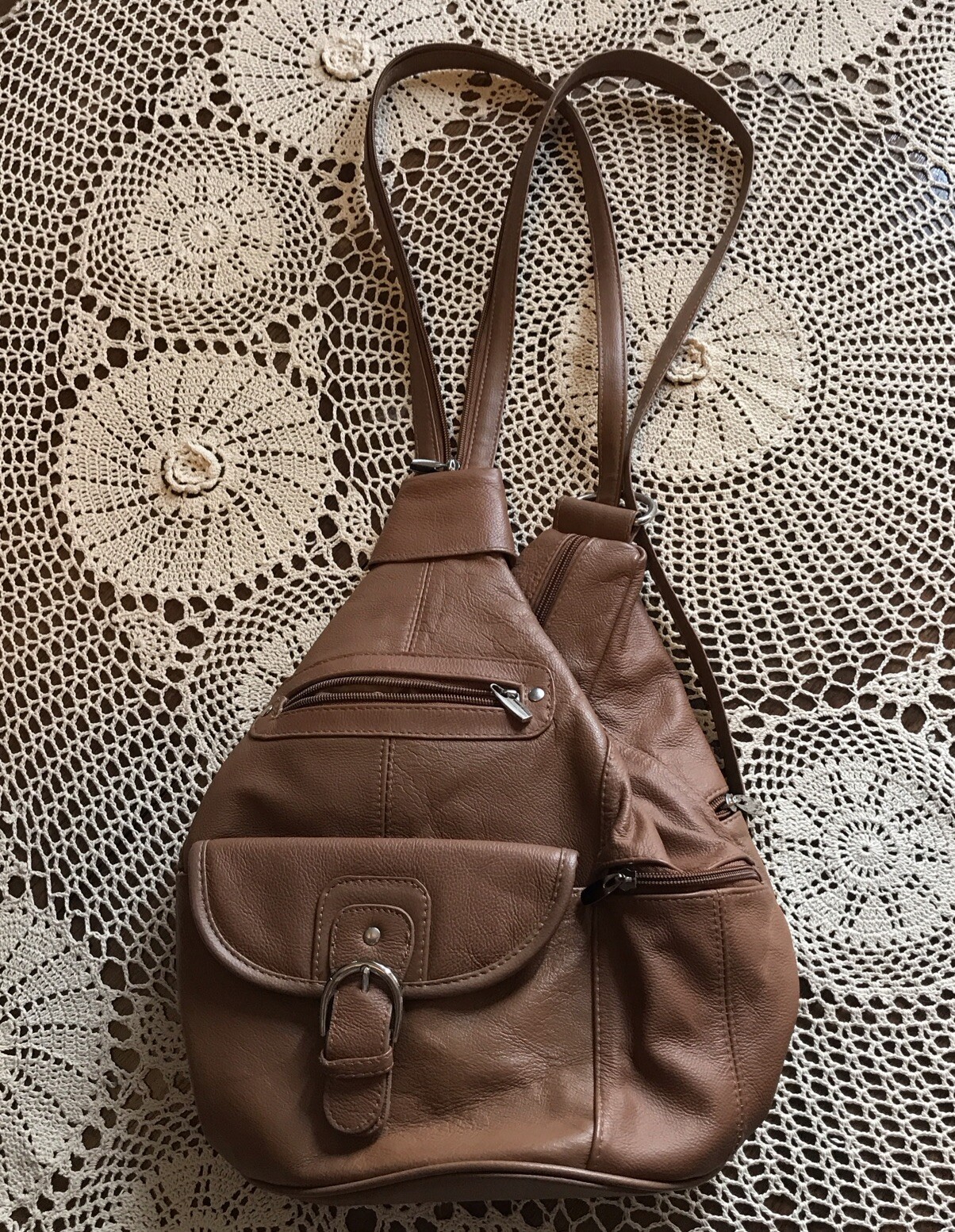 Backpack purse with zipper in strap multi pocket tan faux leather