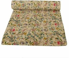 Indian Handmade Beige Floral Kantha Quilt Reversible Bedspread Queen Size Cotton