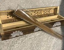 Wood Incense Box Burner Coffin Carved With Storage 10 Sticks 12"