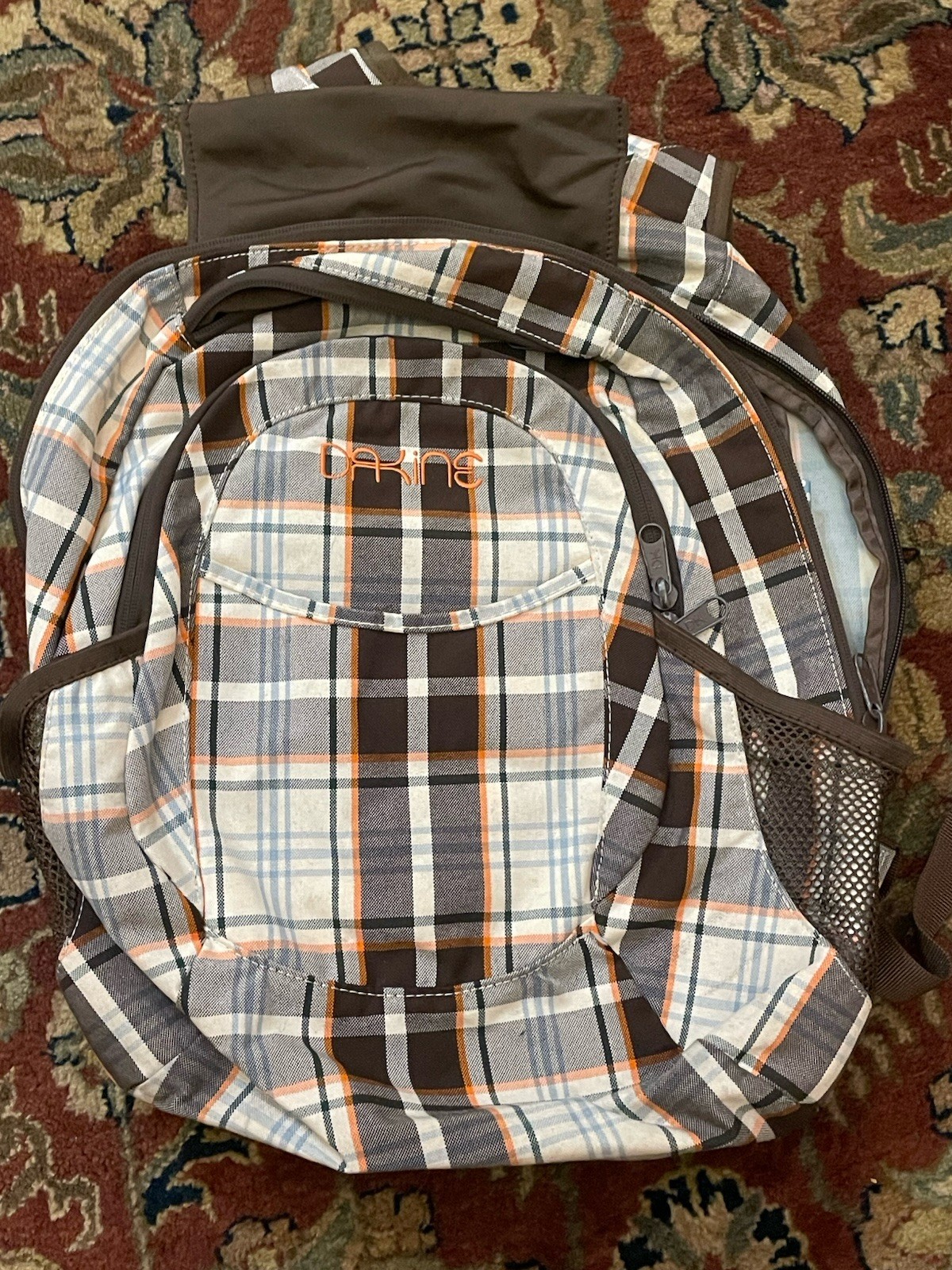 Dakine Plaid Backpack Brown Blue Orange Polka Dot Interior Youth/Small 
