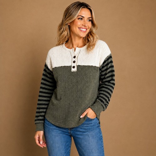 7th Ray Women's Medium Henley Top Olive Green Earthy Grunge Y2K Boho Cottagecore