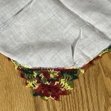 Vintage White Hanky Multicolor Lace Edge Extended Corner Detail Mid Century