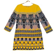 J.Crew Yellow Silk Medallion Print Shift Dress Womens 2 38169 Long Sleeve Mod