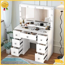 NEW Vanity Desk Dressing Table Makeup Vanity Desk with 11 LED Lighted &7 Drawers