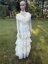 Victorian wedding dress hi neck lace ruffles prairie VTG sz 7/8