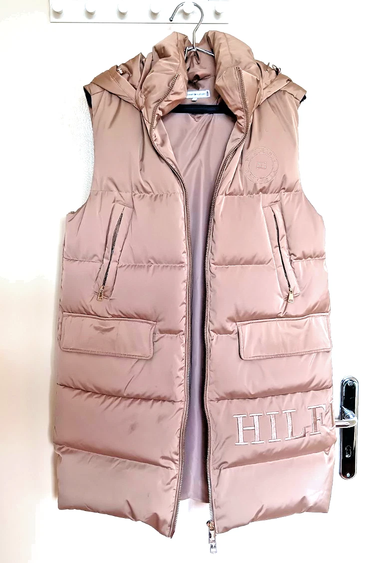 Tommy Hilfiger Damen Steppweste lang mit Kapuze Daunen Beige Gr. XS, Neu