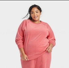Ava  Viv Pullover Sweatshirt Plus Size 1x Velour Long Sleeve Soft Coral