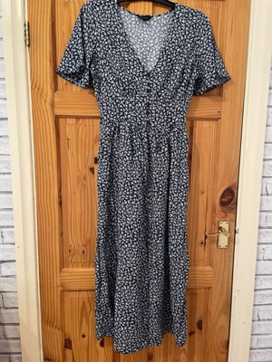 DAMEN WEISS BLAU WINZIG GEBLÜMT V-AUSSCHNITT KURZÄRMELIGES KLEID UK 10 URLAUB