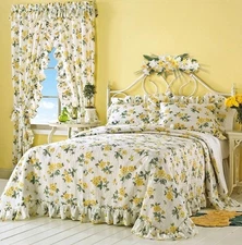 Victorian Yellow Rose Plisse Floral Ruffled Bedspread Bed Cover Sham Set Queen