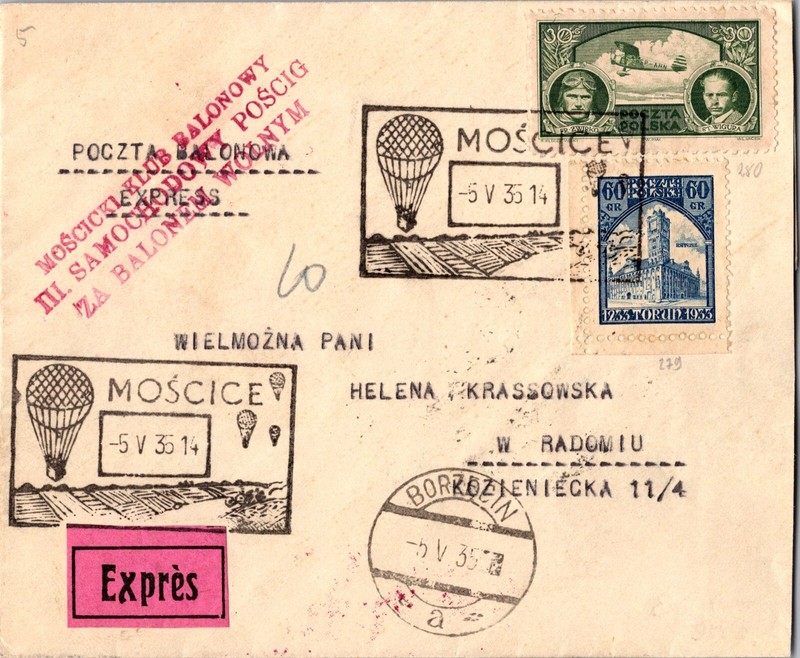 1935 Moscice Poland Rare Ballon Flight Airmail Local Cover To Radomiu