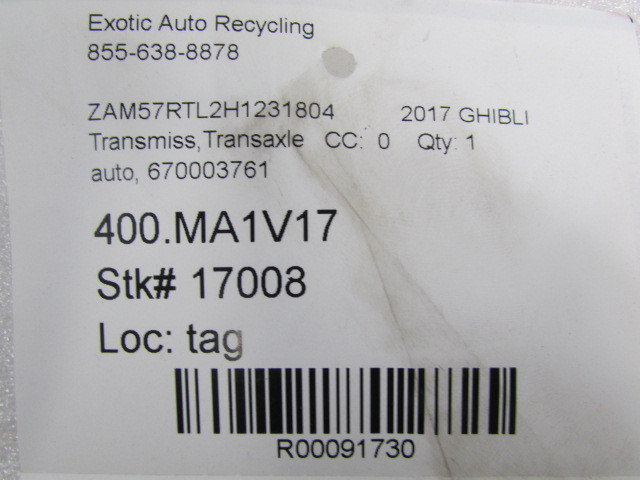 Maserati Ghibli, Transmission Transaxle, Automatic, Used, P/N 670003761