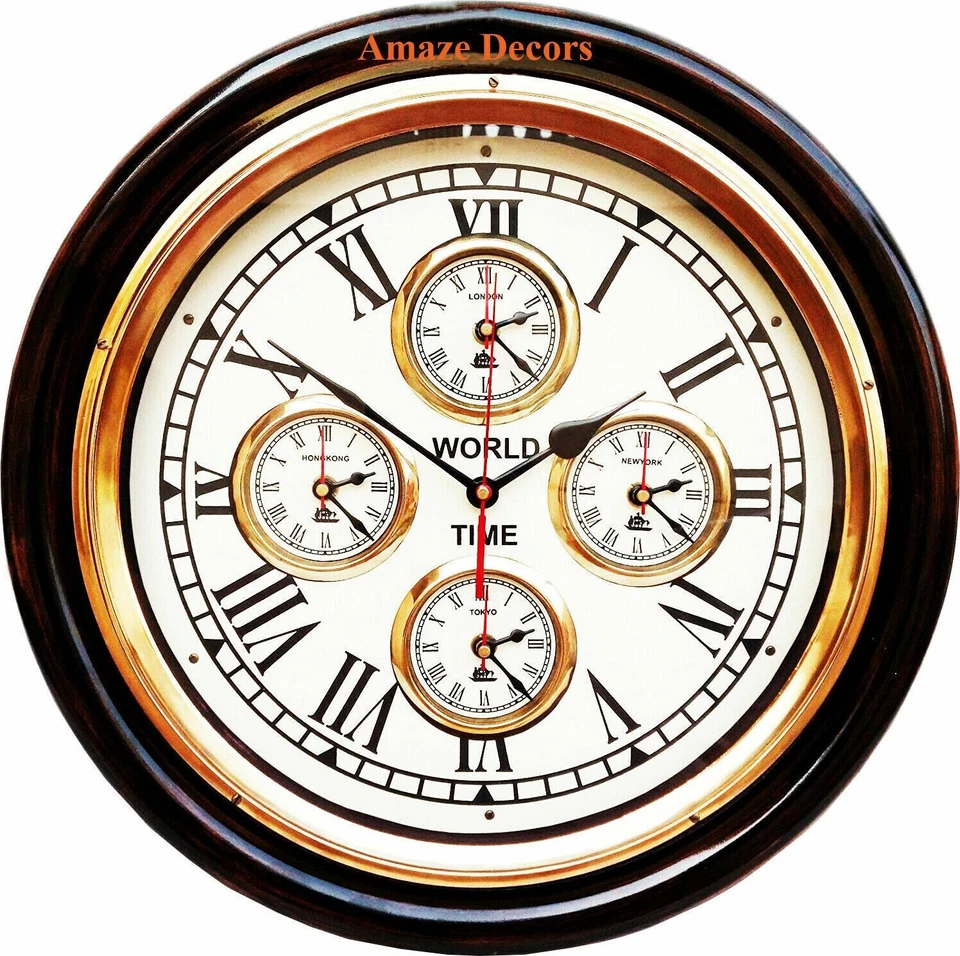 Reloj de pared náutico de madera de latón estilo antiguo vintage para decoración del hogar hora mundial Foto 2 de 3
