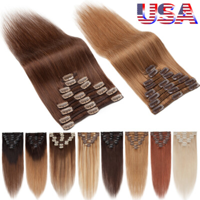 USA Clip In Remy Real 100% Human Hair Extensions Full Head Brown 16''18'' 20'' 22''