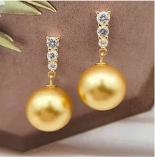 Huge AAAA 16mm Perfect Round Gold South Sea Shell Pearl earrings 14k gold