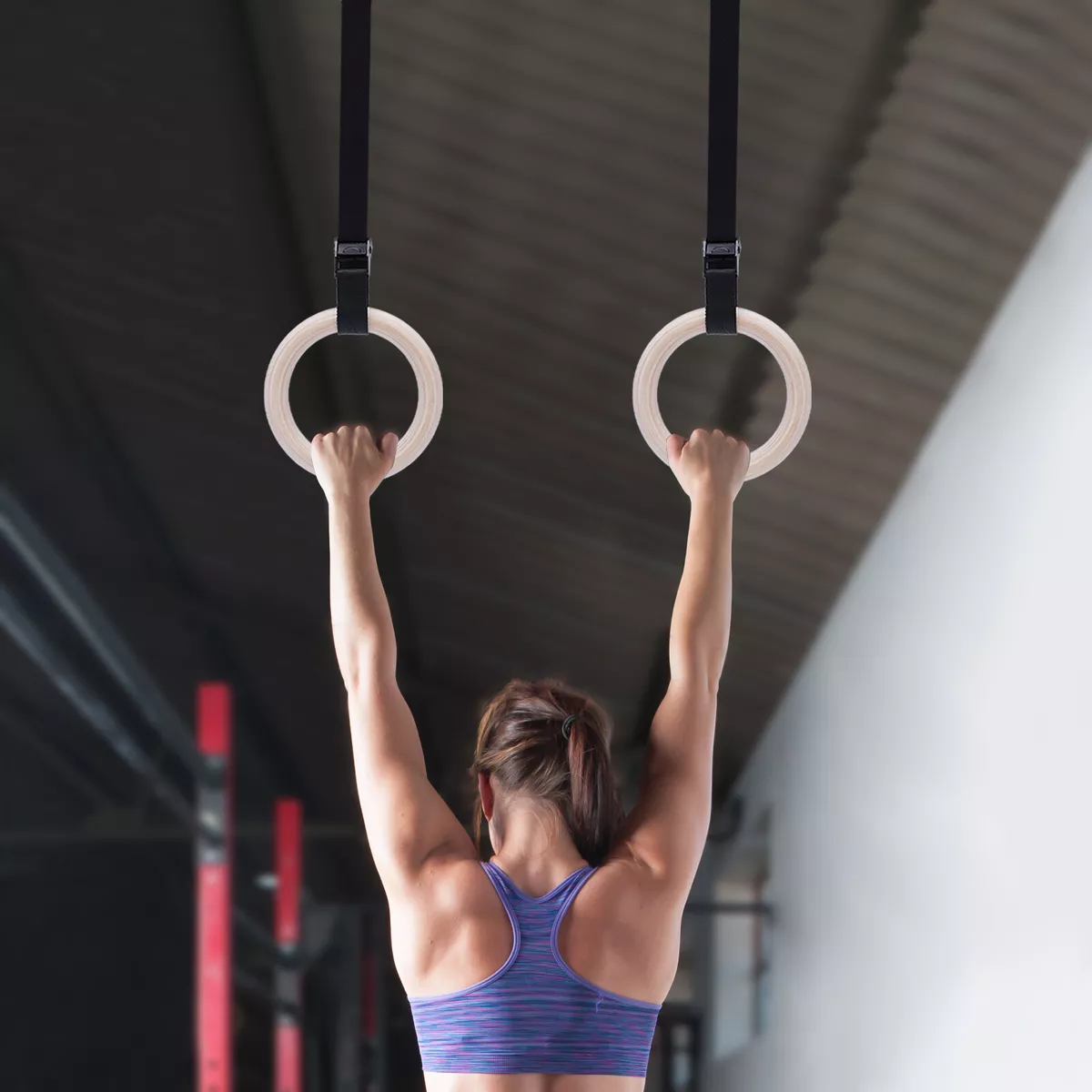 Wooden 32mm Gymnastics Rings With 6.56ft Straps Crossfit Training