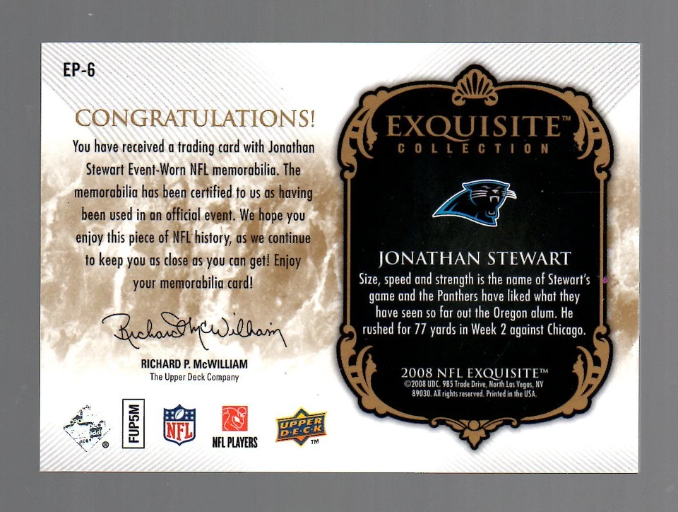 2008 Upper Deck Exquisite Jonathan Stewart Dual Patch 4 Color Rookie Card 40/50 - Image 2 of 2