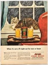 Vintage Print Ad 1940s Four Roses Tabby Cat Laying On Window Sill Classic