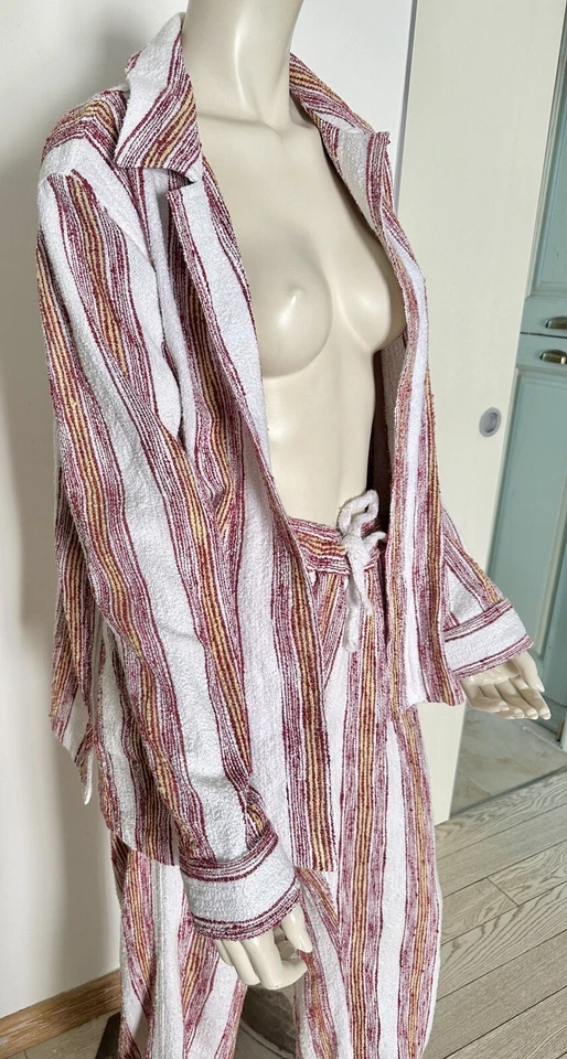 Lucy Folk Tessuto Cotone Righe Accappatoio Asciugamano Giacca Pantaloni Lungh... - Immagine 4 di 4