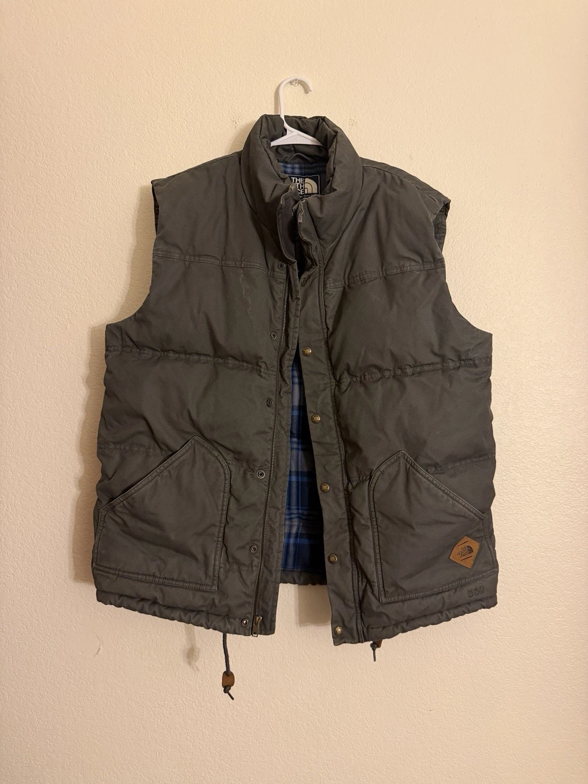The North Face 550 Down Full Zip Puffer Vest Large Gray Flannel Lined Canvas