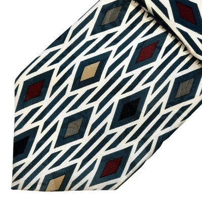 INDEX Vintage Men's Diamond Geo Pattern Silk Tie   white, blue, multicolor