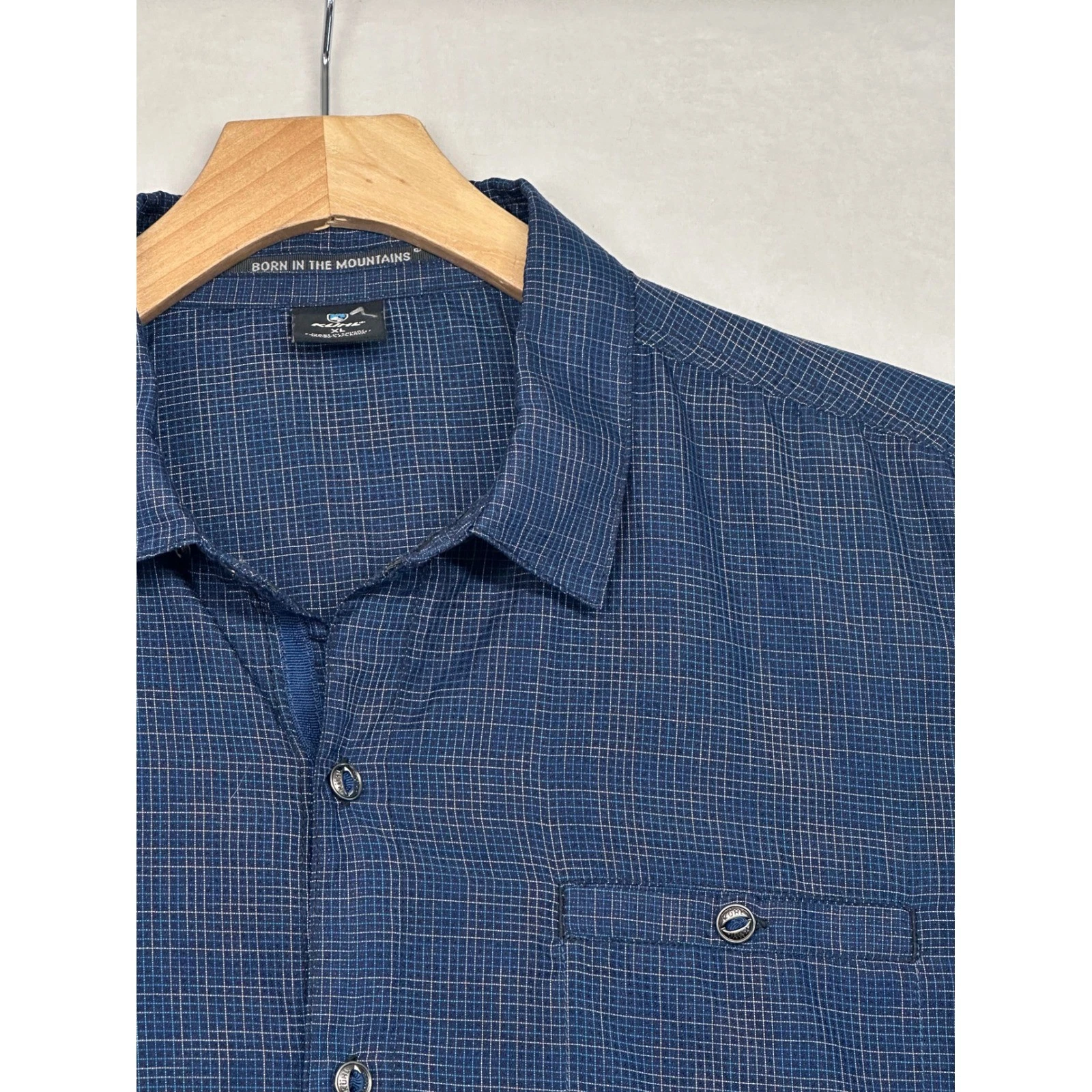 Kuhl Mens XL Blue Grid Short Sleeve Button Down Shirt Hiking Outdoor Casual