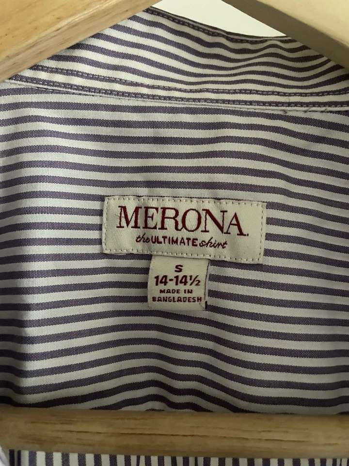 Camisa de vestir para hombre manga larga con botones blanca, rayas moradas, talla PEQUEÑA Foto 2 de 4