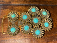 Vtg Western Floral Belt Buckle Brass Tone Teal Faux Turquoise Cowboy Cowgirl