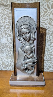 Sima Argenti Italy Laminato Silver Madonna Child Plaque Icon Wood Base 9.25''