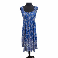 Elie Tahari Blue/White Floral Ruffle Scoop Neck Sleeveless Midi Dress 8 Silk