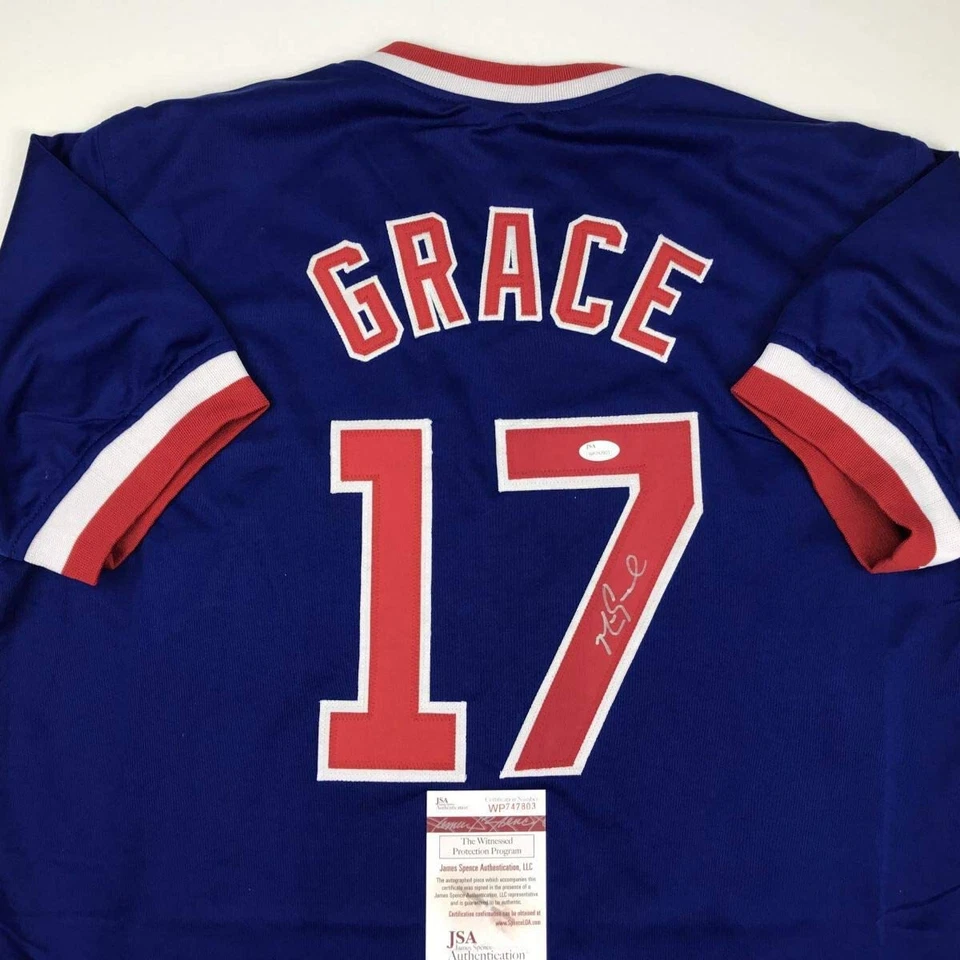 Autographed/Signed MARK GRACE Chicago Blue Baseball Jersey JSA COA Auto Foto 2 de 4