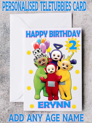 Personalisierte Teletubbies Karte für jeden Anlass Fügen Sie jeden Namen, Alter, Beziehung hinzu.