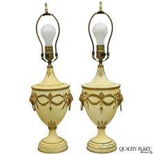 Vintage Italian Regency Tole Metal French Country Cream Gold Urn Table Lamp Pair