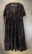 Torrid Midi Brushed Charmeuse Wrap Black Floral Dress 3, 3X Preppy Roses