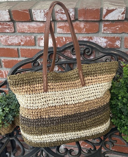 Vintage Old Navy Raffia Straw Paper Tote; Multi Color W/Dbl Hndls & Snap Closure - Picture 9 of 17