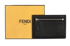 NEW FENDI BLACK TEXTURED LEATHER LOGO CREDIT CARD HOLDER CASE WALLET W/BOX