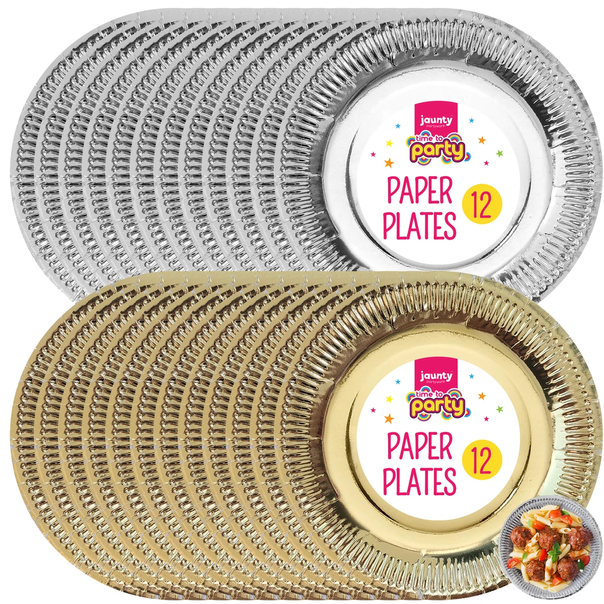 12pk Gold Silver Paper Plates 9 Inch Round, Disposable Party Tableware  Events