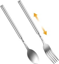 2PCs Extendable Fork and Spoon, Long Handle Telescoping Tableware, Stainless Ste