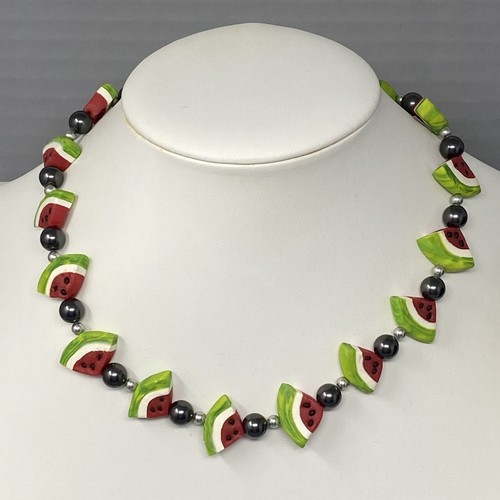 Funky Watermelon Necklace Painted Wood Beads 1/20 14k Spring Ring Clasp Vtg 16" - Picture 2 of 11