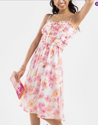 NWT Francesca's Pink and White Floral Smocked Sleeveless Midi - Main Image
