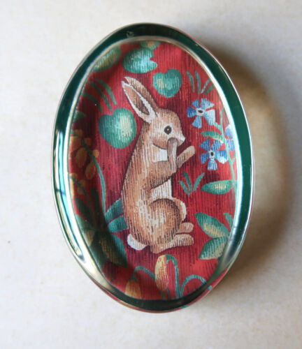Vintage Oval Glass Paperweight: Tapestry Rabbit Design - Picture 1 of 3