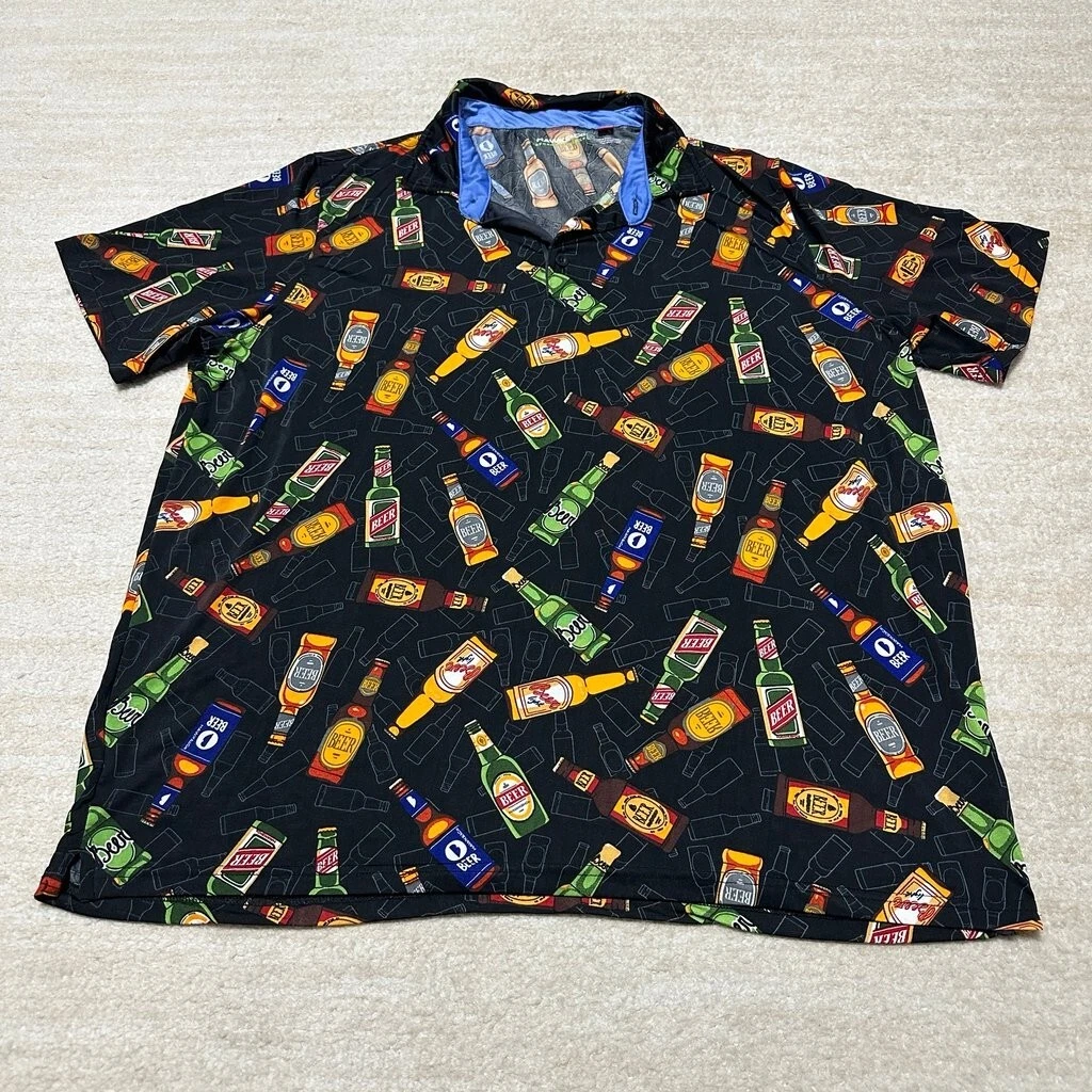 Hawke & Co L Performance Golf Polo - Moisture Wicking, Black, Beer Bottle Design