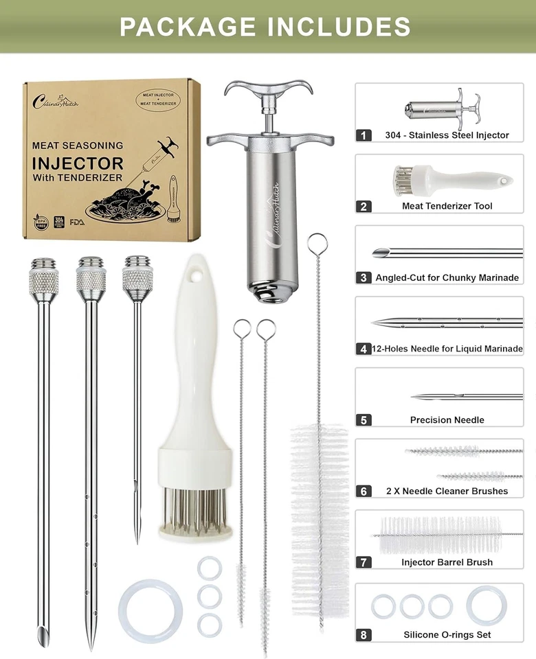 Kit inyector de carne para adobo de alimentos ablandador gratuito 3 agujas, cepillos, pollo, barbacoa Foto 2 de 4